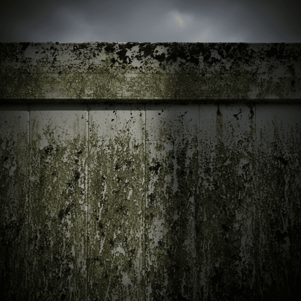 Vinyl fence showing heavy mildew and algae buildup