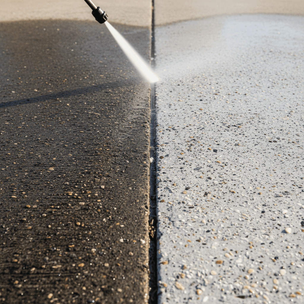Before and after of concrete driveway cleaning showing stark contrast between dirty and clean sections