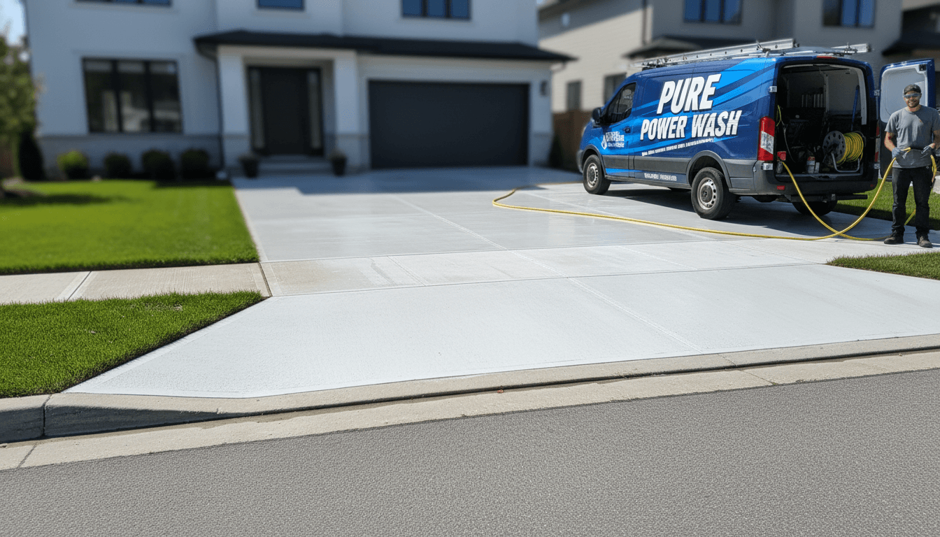 clean bright residential driveway and concrete after professional pressure washing service
