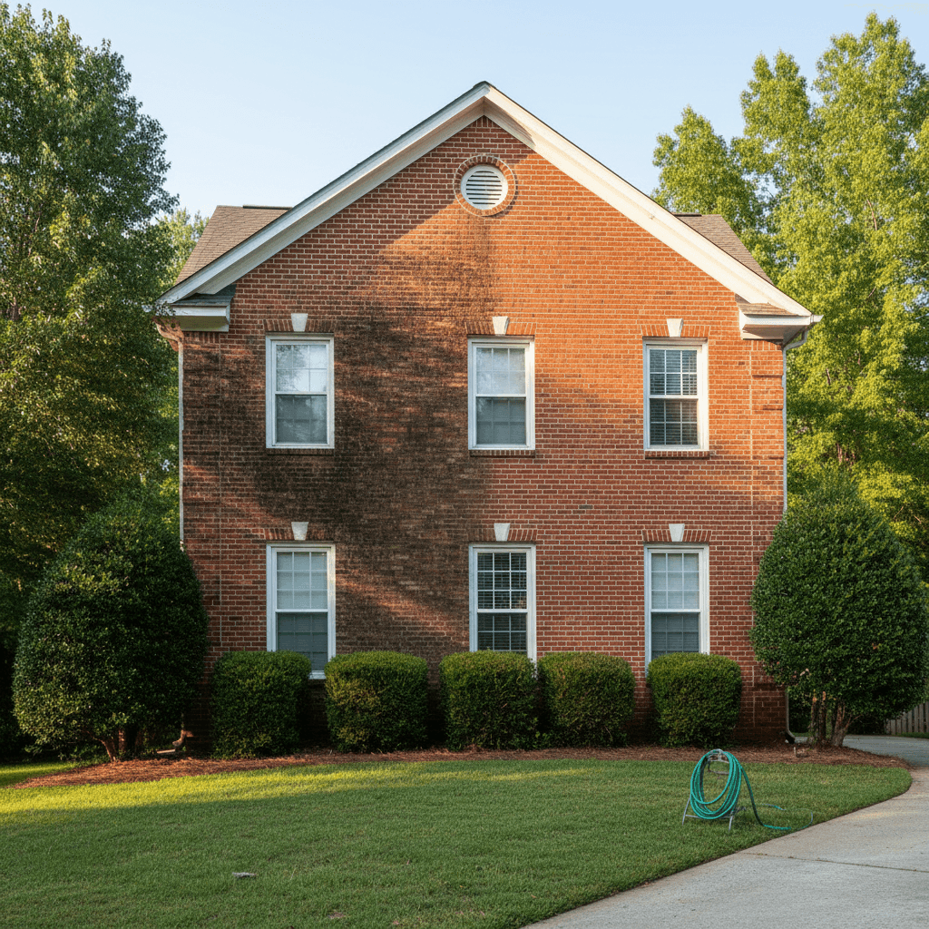 Two-story brick home halfway through soft wash showing dark algae on one side and clean brick on the other