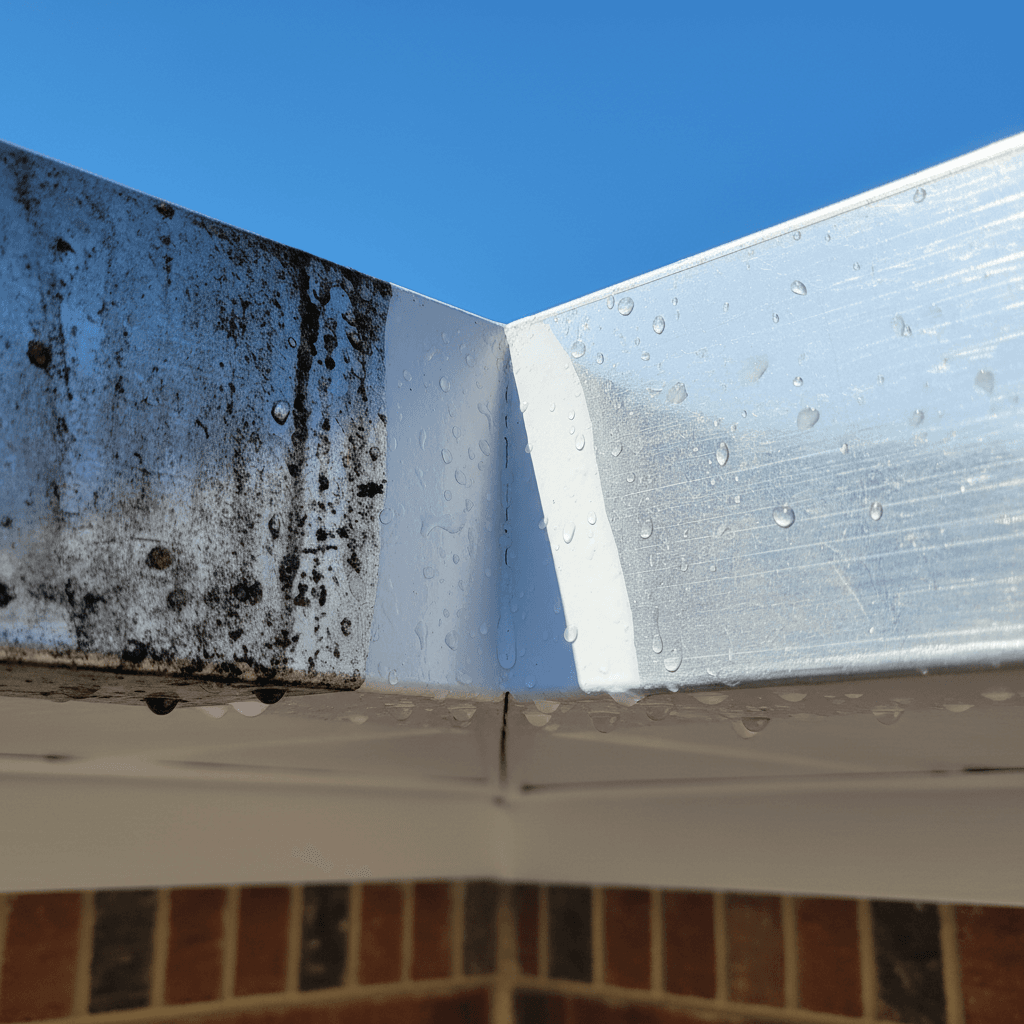 Gutter half-clean half-streaked with black oxidation