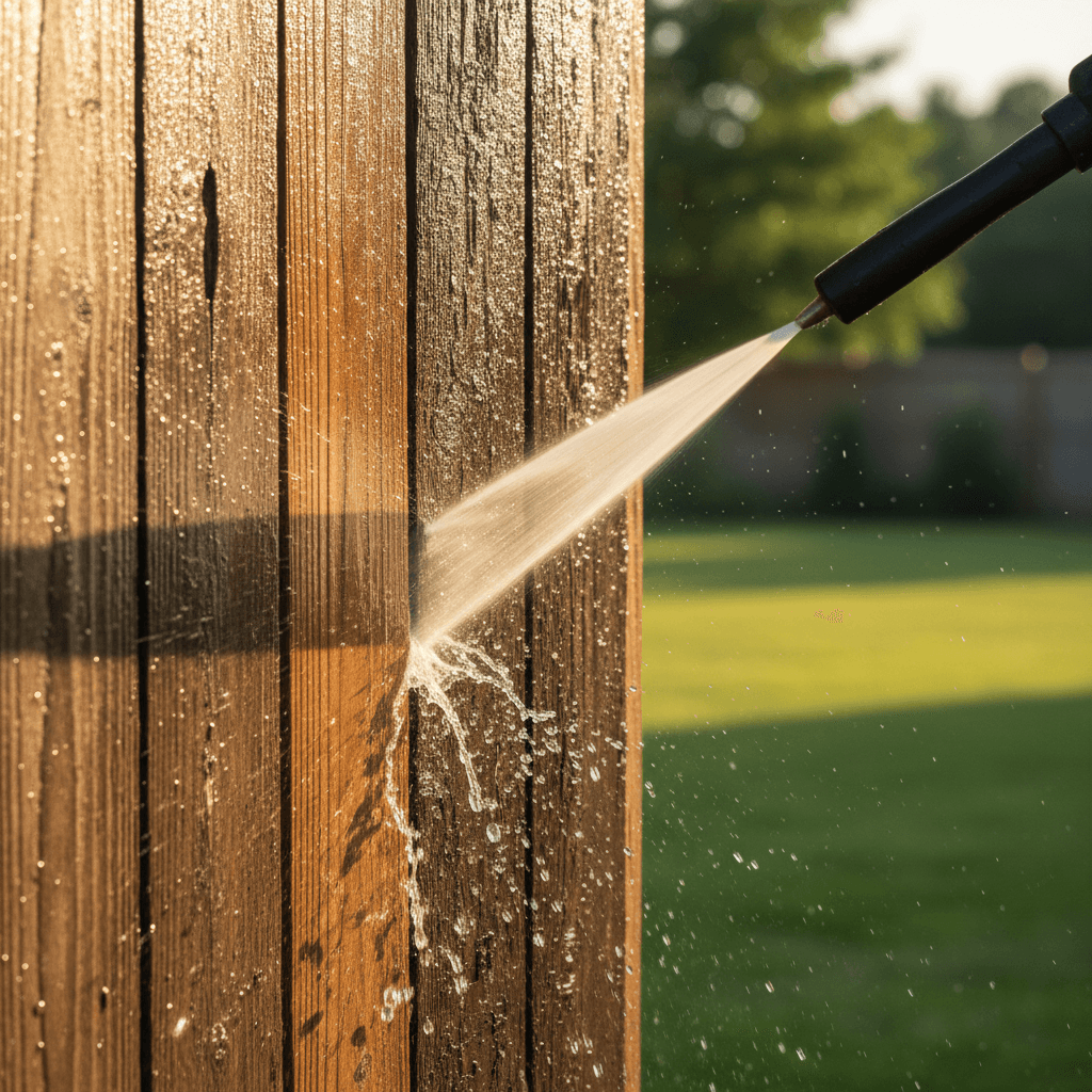 Close-up of water spraying off a wooden fence during cleaning