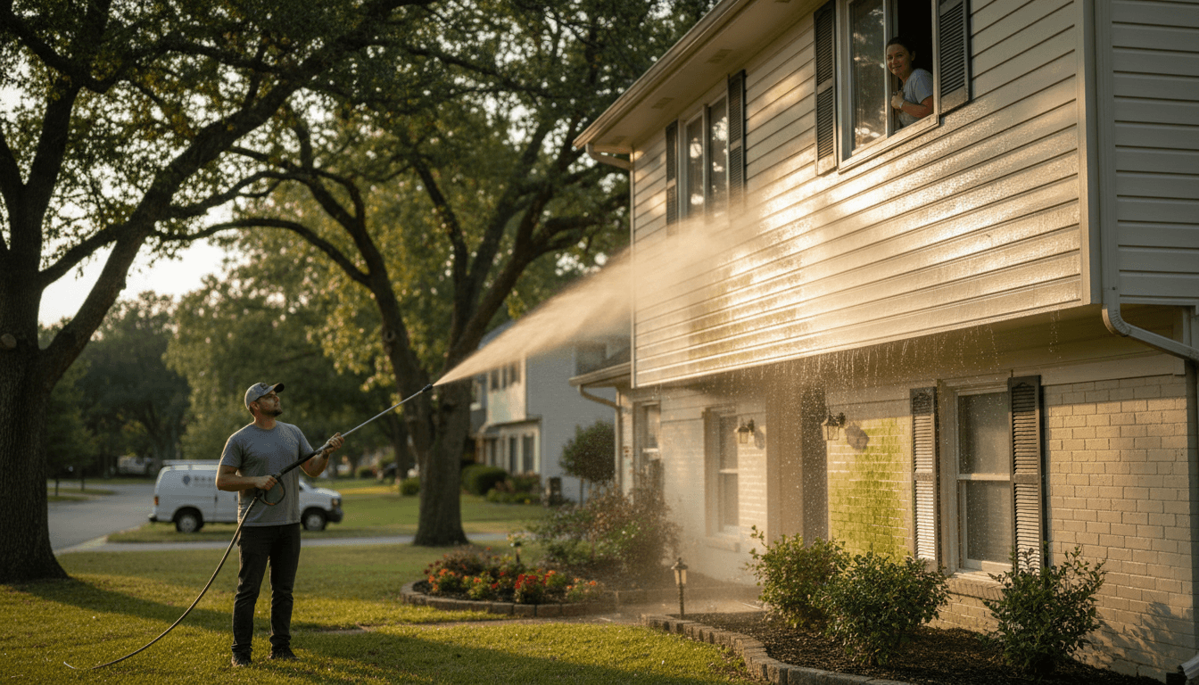 Professional soft washing service cleaning a residential home exterior in Columbus, Georgia