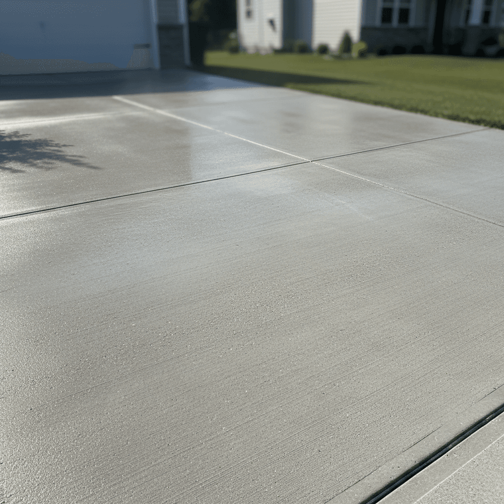 After pressure washing showing clean bright concrete driveway restored to original appearance
