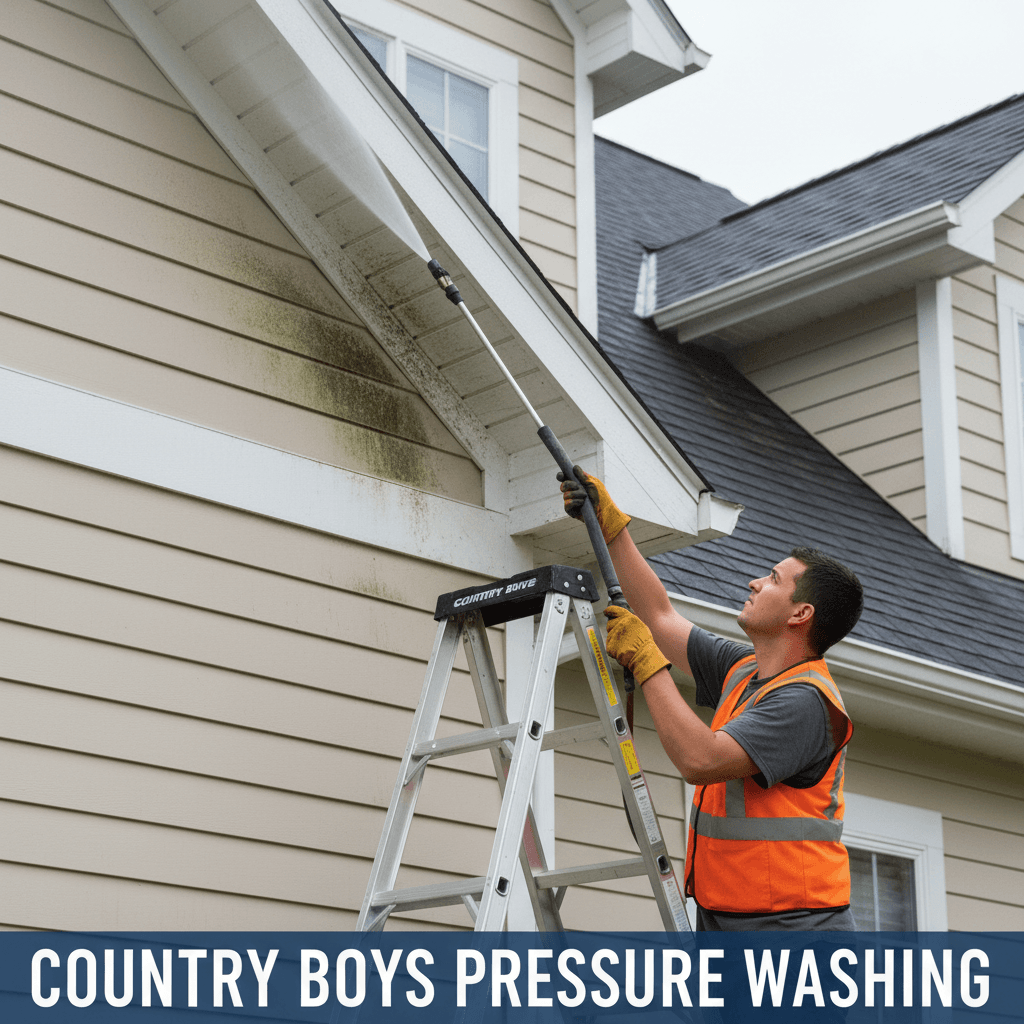 Technician using low-pressure soft wash wand to clean roofline underside, removing dark algae from soffit and fascia