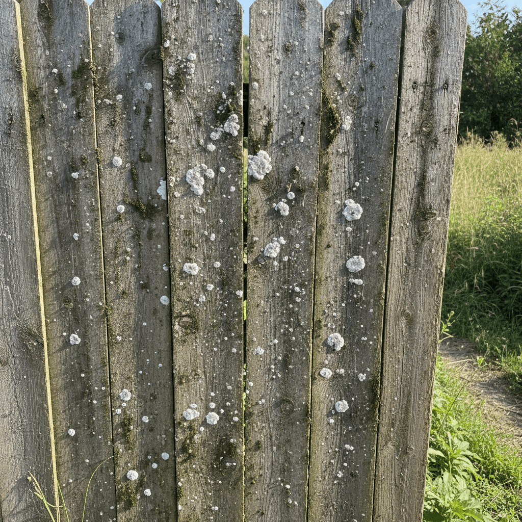 Wood fence dirty with algae and weathering