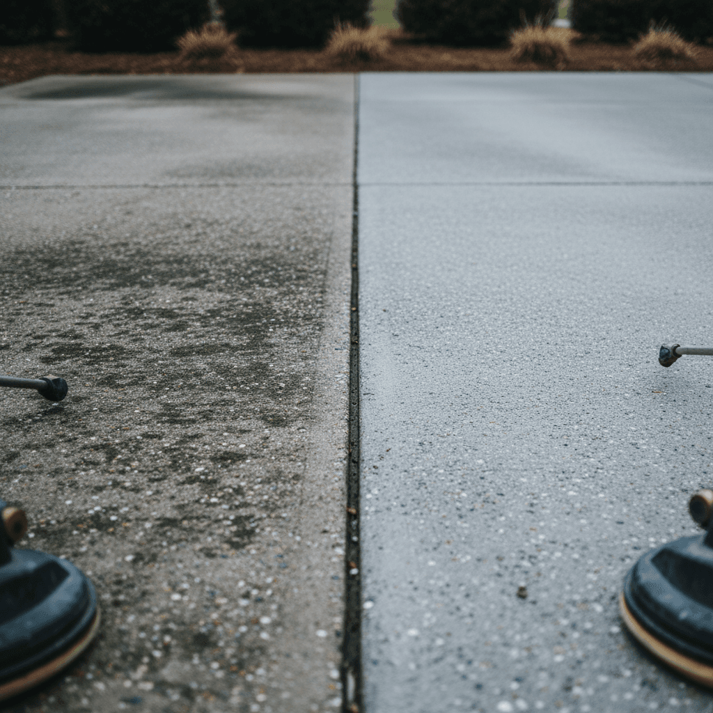 Before-and-after driveway cleaning showing stain removal and concrete restoration