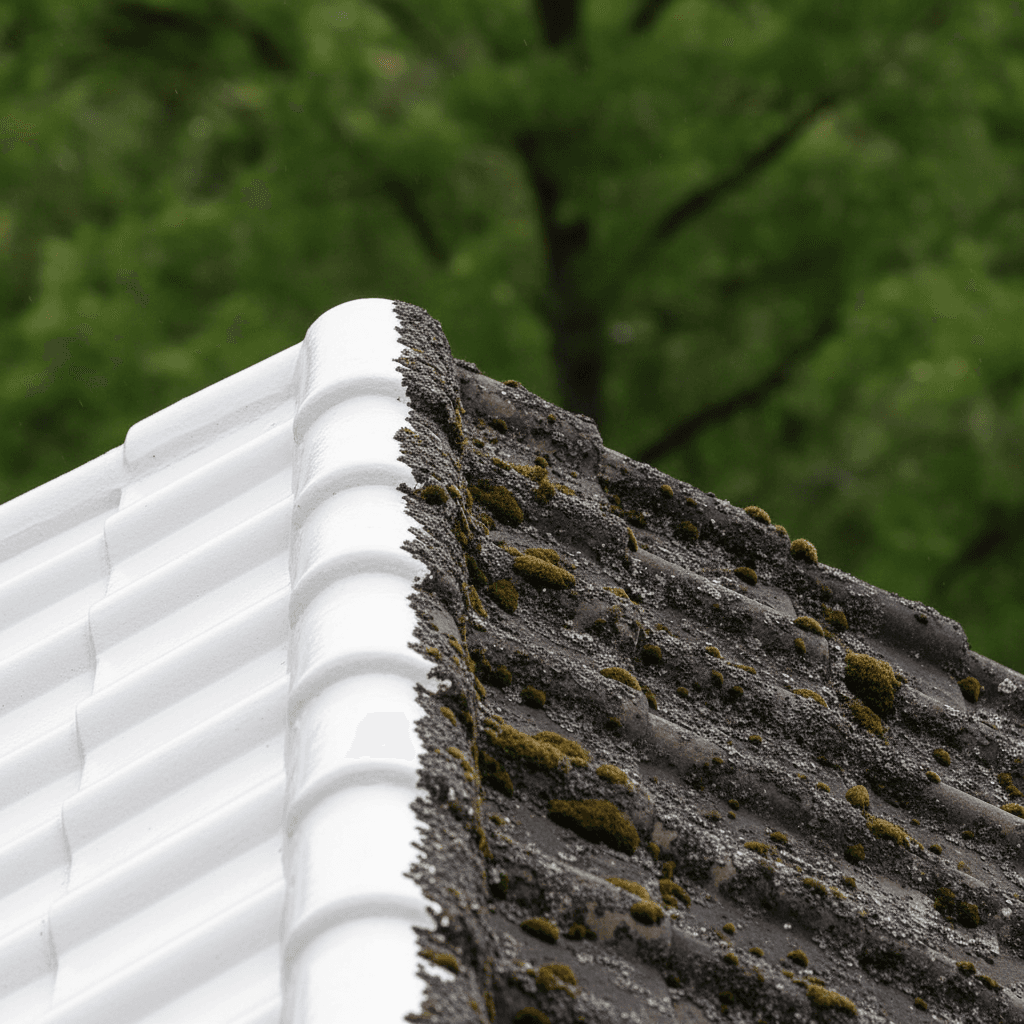 Roof ridge tiles showing clean half versus half with lichen growth