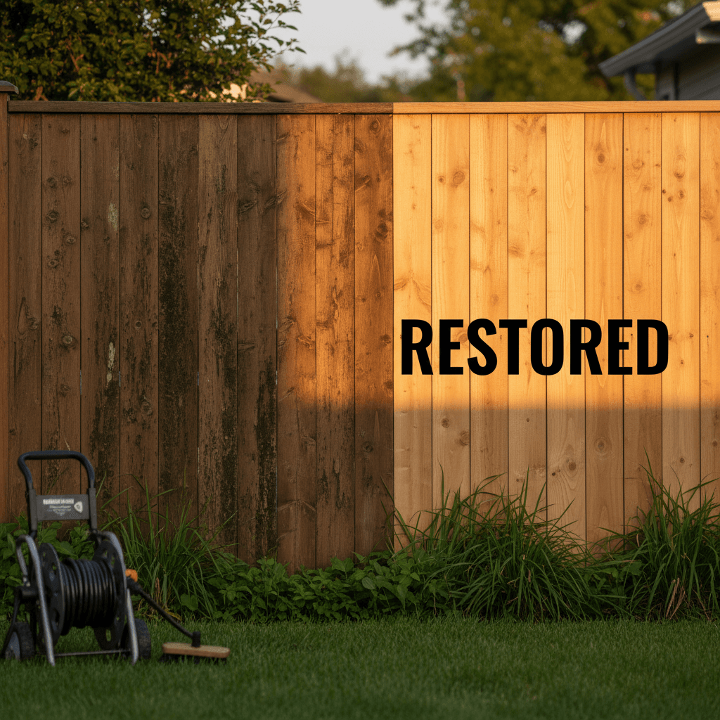 Fence cleaning revealing restored wood color and removing mold and staining