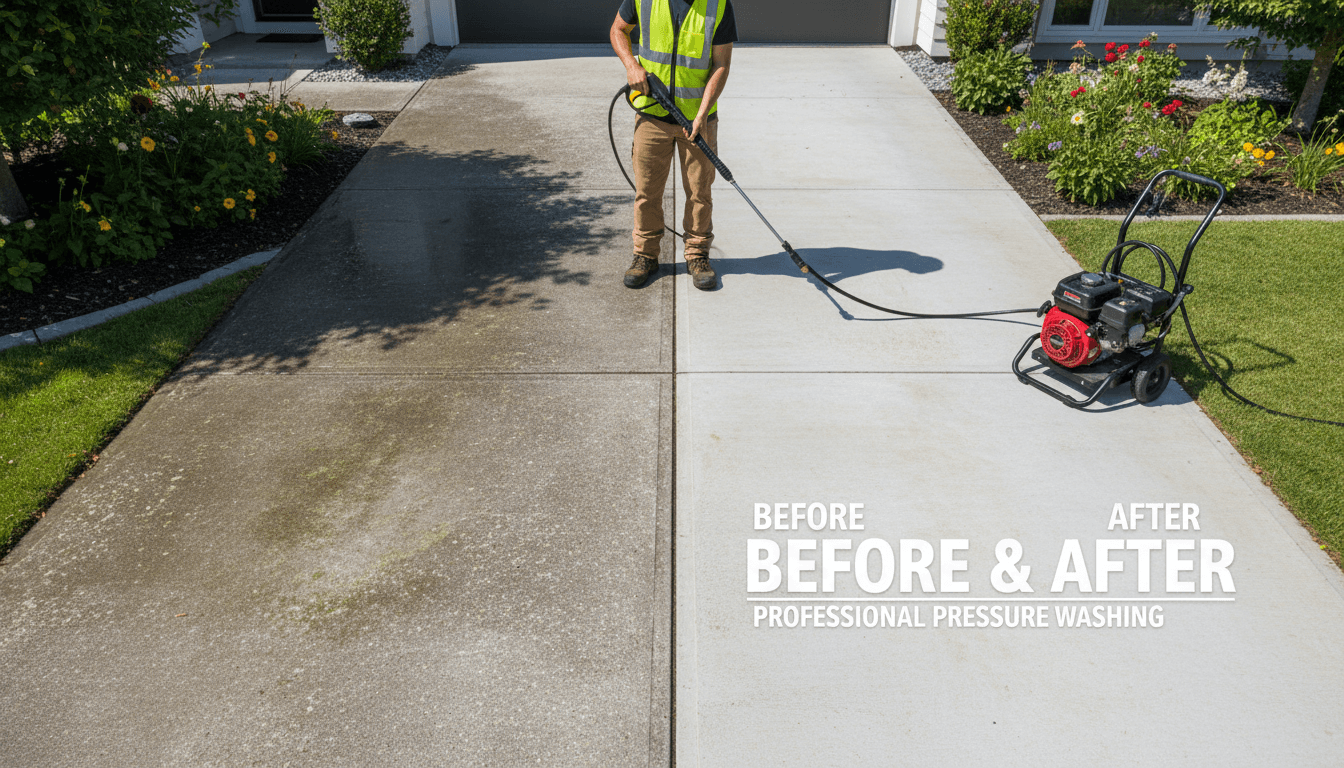 Professional pressure washing cleaning residential driveway