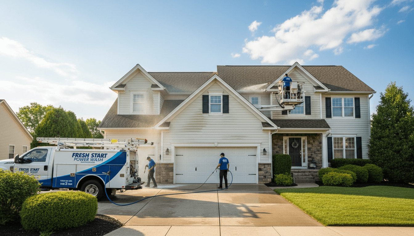 Clean residential home exterior after pressure washing service