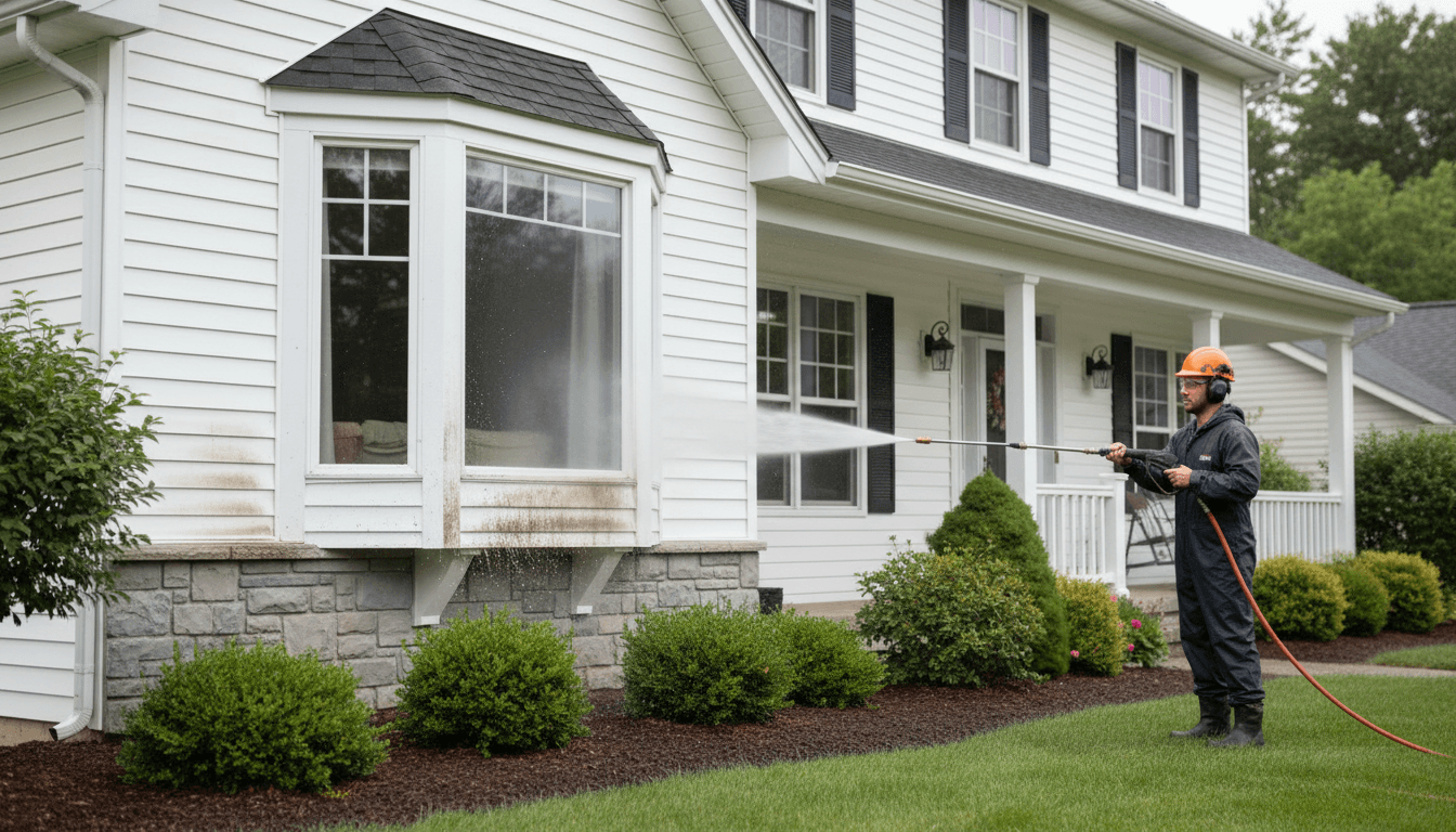 Professional pressure washing cleaning a house exterior with bright results