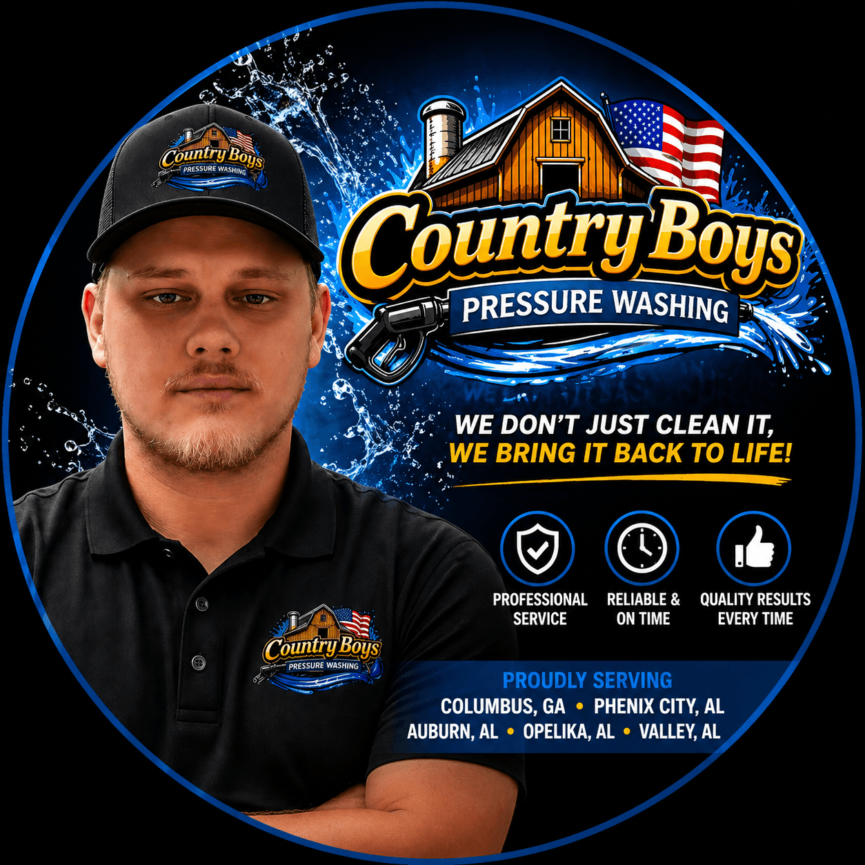 Country Boys Pressure Washing ad featuring a uniformed man, company logo, and service locations.