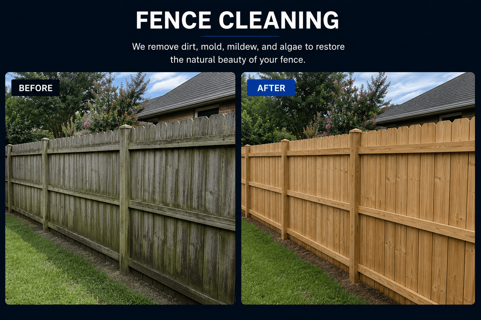 Before and after comparison showing a weathered wooden fence restored to its clean, natural beauty.