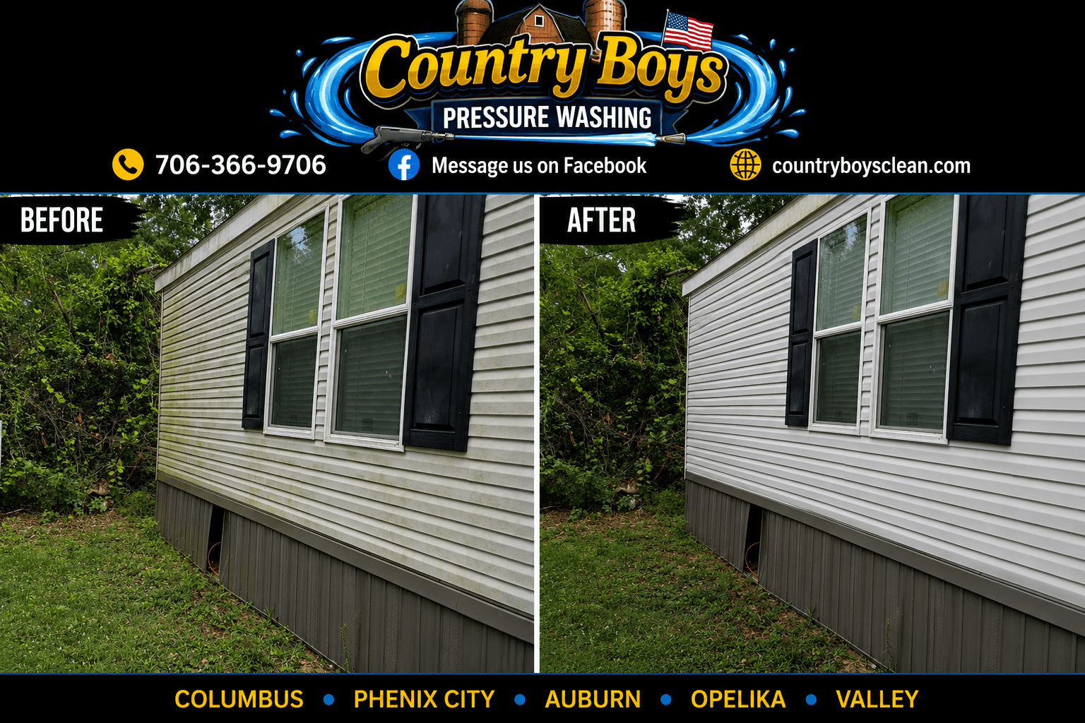 Before and after comparison showing dirty siding transformed to clean white by professional pressure washing.